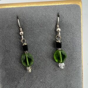 Dangle Earrings Green Round Faceted‎ Bead Black Cube Silver Tone Women